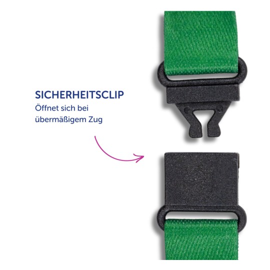 Das Bild zeigt einen Sicherheitsclip, der sich bei übermäßiger Spannung öffnet, mit einem befestigten grünen Gurt. Ein Text auf Deutsch beschreibt seine Funktion.