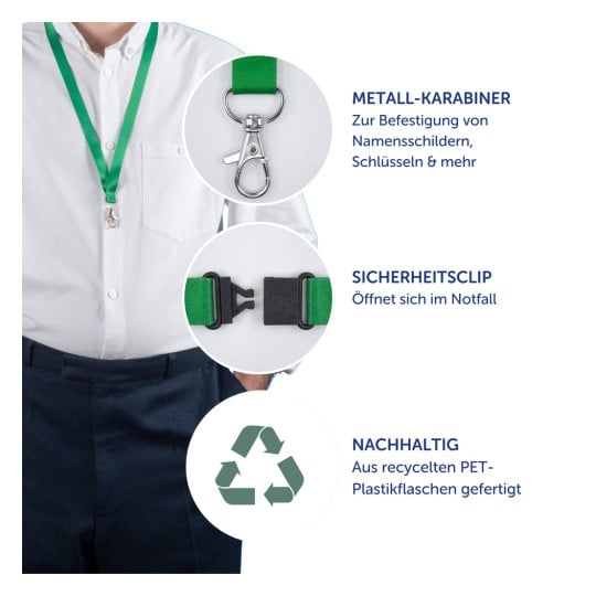 Das Bild zeigt ein grünes Schlüsselband mit Merkmalen wie einem Metallkarabiner zum Befestigen von Namensschildern und einem Sicherheitsclip, der sich in Notfällen öffnet. Es besteht aus recycelten PET-Plastikflaschen.
