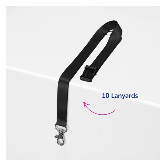 Das Bild zeigt ein schwarzes Lanyard mit einem Metallclip, das teilweise über den Rand einer weißen Oberfläche hängt. Der Text lautet '10 Lanyards'.