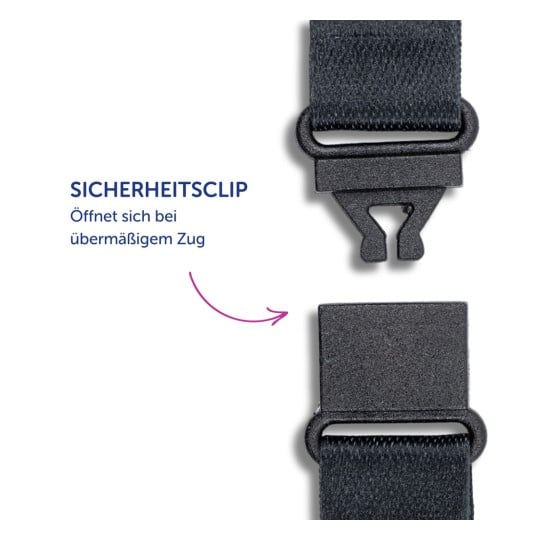 Das Bild zeigt einen Sicherheitsclip, der auf Deutsch beschriftet ist und sich bei übermäßiger Spannung öffnet. Es zeigt eine detaillierte Ansicht des Clip-Mechanismus.