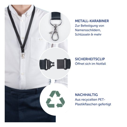 Das Bild zeigt ein Umhängeband, das um den Hals getragen wird. Es enthält einen Metallclip zum Befestigen von Gegenständen wie Namensschildern und Schlüsseln, einen Sicherheitsclip, der sich in Notfällen öffnet, und hebt sein nachhaltiges Material hervor, das aus recycelten Plastikflaschen stammt.