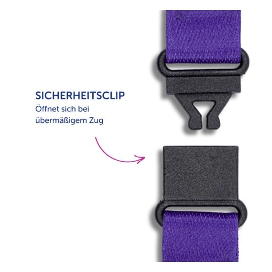 Das Bild zeigt eine Sicherheitsklammer mit einem violetten Band, das auf Deutsch beschriftet ist und angibt, dass sie sich bei übermäßiger Zugkraft öffnet.