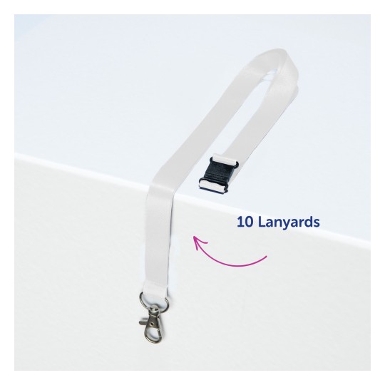 The image shows a white lanyard with a clasp attachment hanging over a white surface. There is a black plastic clip on it, and a label indicating '10 Lanyards'.