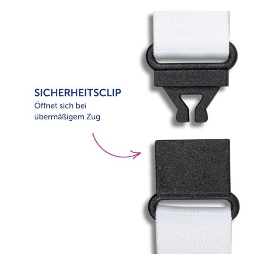 Das Bild zeigt einen Sicherheitsclip, der sich bei übermäßiger Spannung öffnet, zusammen mit dem deutschen Text, der seine Funktion erklärt.