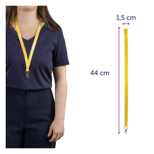 Das Bild zeigt eine Person, die ein gelbes Lanyard mit Clip trägt. Daneben sind die Abmessungen angezeigt: 44 cm Länge und 1,5 cm Breite.