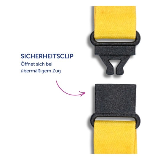 Das Bild zeigt eine Sicherungsklammer mit einem gelben Gurt. Der Text gibt an, dass sie sich bei übermäßiger Spannung öffnet.