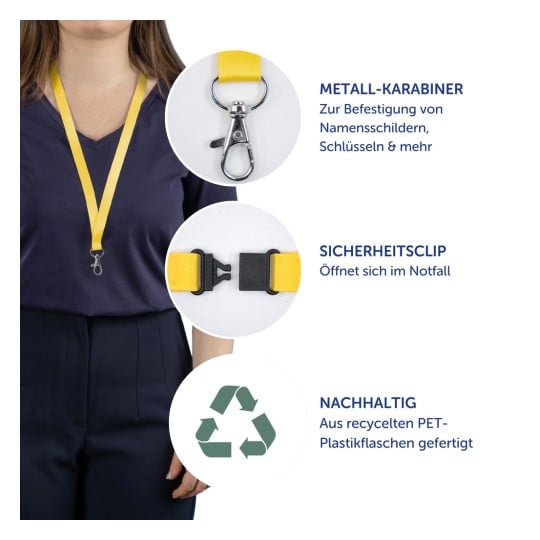 Das Bild zeigt ein gelbes Lanyard mit einem Metallkarabiner und einem Sicherheitsclip, geeignet zum Anbringen von Namensschildern und Schlüsseln. Es betont sein recycelbares Material und seine Sicherheitsmerkmale.
