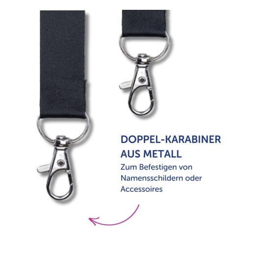 Das Bild zeigt einen schwarzen Gurt mit zwei Metallkarabinern. Es beschreibt den Artikel als einen doppelten Karabiner für das Anbringen von Namensschildern oder Zubehör.