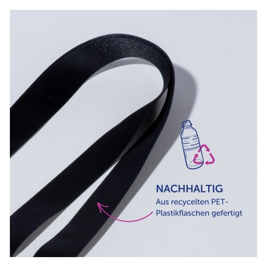 Das Bild zeigt ein schwarzes Band aus recyceltem PET-Kunststoff, mit Begleittext, der darauf hinweist, dass es nachhaltig ist und aus recycelten Plastikflaschen hergestellt wird.