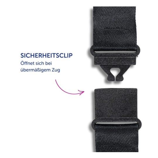 Das Bild zeigt einen Sicherheitsclip mit einem Etikett auf Deutsch, das angibt, dass er sich bei übermäßiger Zugkraft öffnet. Der Clip wird in zwei Teilen gezeigt, mit einem Pfeil, der auf den Öffnungsmechanismus weist.