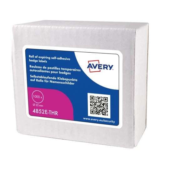 Eine Schachtel mit einer Rolle selbstklebender Etiketten von Avery, die für ablaufende Verwendung gekennzeichnet ist, mit einer Größe von 22 mm und 1000 Etiketten enthält.