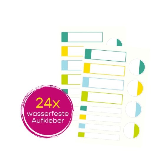 Das Bild zeigt Bögen wasserfester Etiketten in verschiedenen Farben, mit leeren Feldern zum Beschreiben. Es weist darauf hin, dass 24 Etiketten verfügbar sind.
