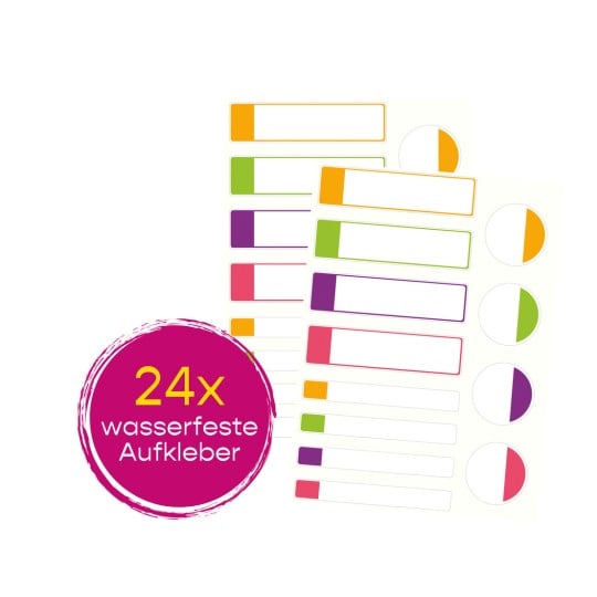 Das Bild zeigt Bögen von wasserdichten Aufklebern mit verschiedenen Farben und leeren Etiketten zur individuellen Gestaltung, darunter Kreise und Rechtecke.