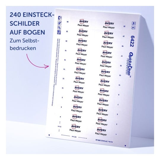 Das Bild zeigt ein Blatt Avery-Etiketten, das zum Selbstdrucken entworfen wurde, mit dem Namen 'Paul Meyer' mehrfach sowie dem Avery-Logo, insgesamt 240 Etiketten pro Blatt.