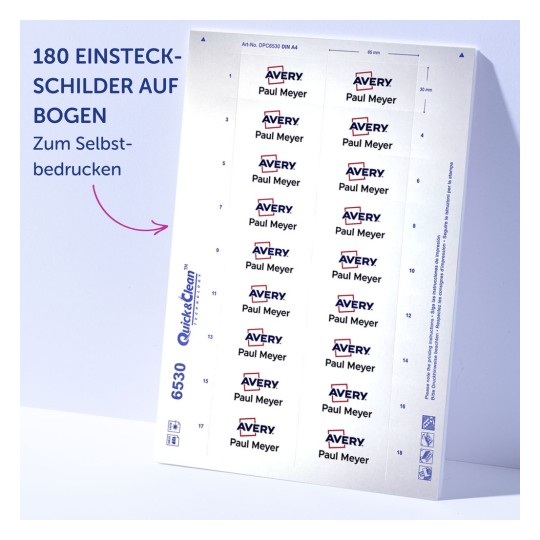 Das Bild zeigt ein Blatt Klebeetiketten von Avery. Es enthält 180 Etiketten mit dem Namen 'Paul Meyer', die für den Selbstdruck formatiert sind.