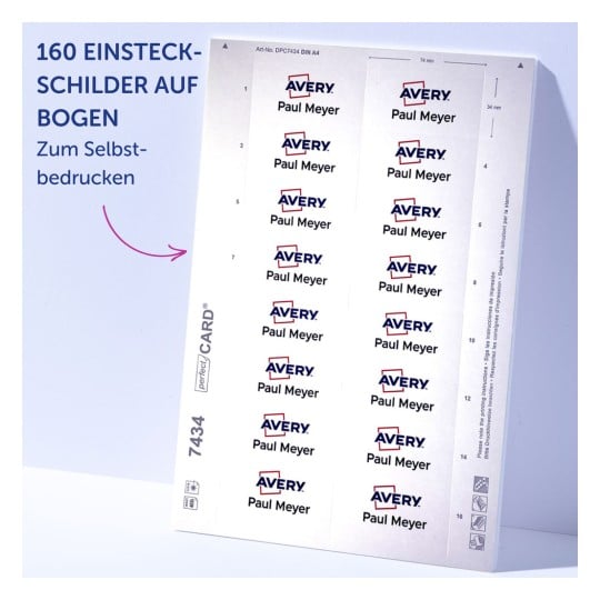 Das Bild zeigt ein Blatt mit Etiketten zum Selbstdrucken, auf dem das 'Avery'-Logo und der Name 'Paul Meyer' mehrfach wiederholt werden, insgesamt gibt es 160 Etiketten auf dem Blatt.