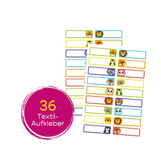 Das Bild zeigt bunte Etiketten mit Tier-Emojis. Es gibt 36 Textilsticker, die für Beschriftungszwecke entworfen wurden.
