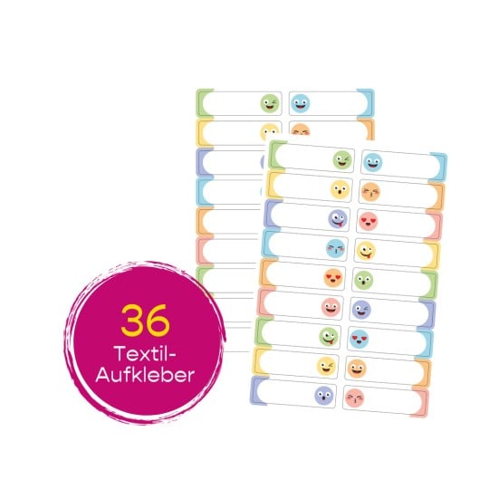 Das Bild zeigt ein Set von 36 Textaufklebern mit bunten Designs, die jeweils verschiedene Emoticons darstellen. Die Aufkleber sind zum Beschriften oder zur Dekoration gedacht.