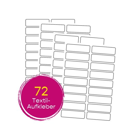 Das Bild zeigt mehrere Bögen mit Etiketten, die für Stoffe entworfen sind und leere rechteckige Felder zum Beschriften aufweisen. Der Text gibt an, dass 72 Textilaufkleber verfügbar sind.