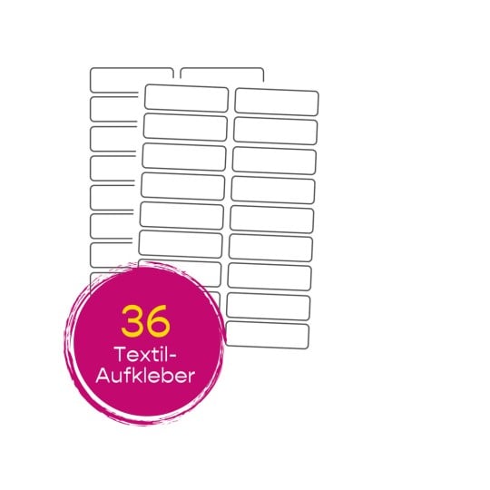 Das Bild zeigt ein Set von 36 Textilaufklebern, die auf zwei Bögen mit leeren rechteckigen Etiketten zur Personalisierung angeordnet sind.