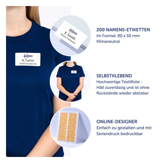 Das Bild zeigt Namensschilder, auf denen eine Person mit einem blauen Hemd und einem Namensschild zu sehen ist, neben Produktdetails. Die Namensschilder sind selbstklebend, und es gibt Informationen über ein Online-Design-Tool zur Erstellung von individuellen Schildern.
