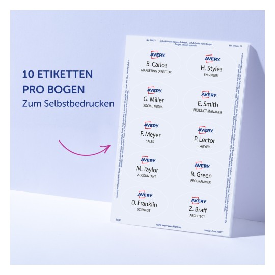 Das Bild zeigt ein Blatt selbstklebender Namensschilder mit 10 Etiketten zum Bedrucken. Jedes Etikett enthält den Namen und die Berufsbezeichnung von Personen, wie z. B. B. Carlos, H. Styles und andere. Es trägt das Logo von Avery und gibt auf Deutsch '10 ETIKETTEN PRO BOGEN' an, was 10 Etiketten pro Blatt bedeutet.