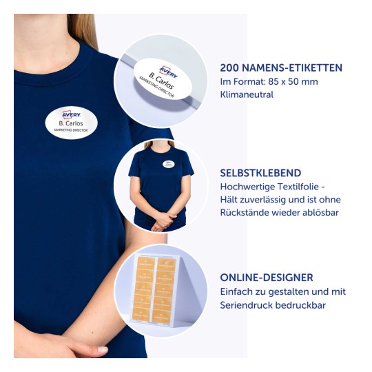Das Bild zeigt eine Person, die ein marineblaues Hemd trägt, auf dem ein Namensschild mit der Aufschrift „B. Carlos, Marketing Director“ zu sehen ist. Es betont die Merkmale der Namensetiketten von Avery, die selbstklebend sind, in Packungen zu je 200 geliefert werden und online gestaltet werden können.
