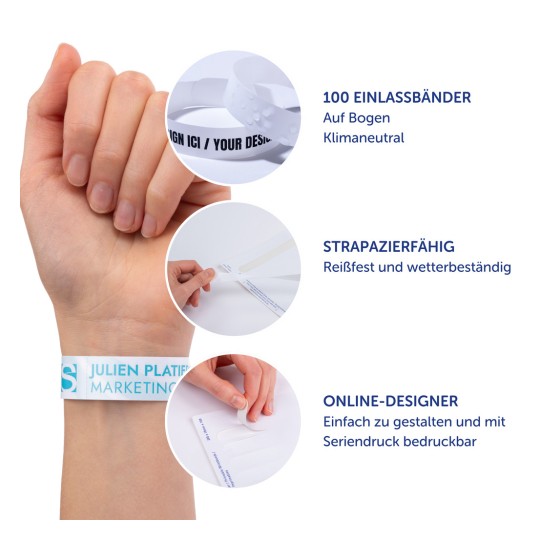 Das Bild zeigt Armbänder mit hervorgehobenen Merkmalen: klimaneutral, langlebig und einfach gestaltbare Optionen.
