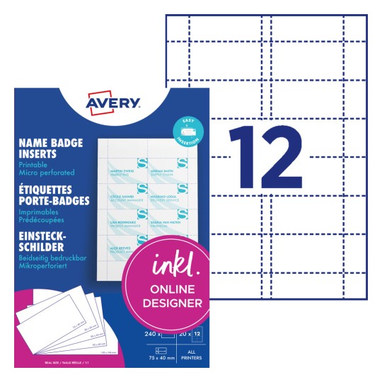 Avery-Verpackung für Namensschild-Einleger, die 12 mikroperforierte Namensschild-Etiketten zeigt?