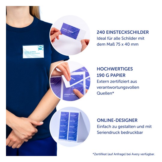 Person mit marineblauem Hemd, der ein Namensschild trägt, und drei kreisförmige Nahaufnahmen von Namensschild-Einsätzen und Bögen?
