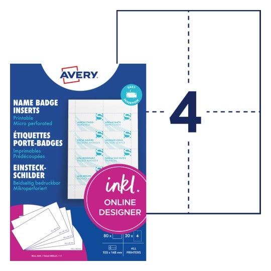 Avery Namensschild-Einlagenpaket mit Beispiel-Namensschildbogen und großer Grafik der Zahl 4?