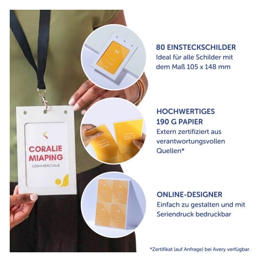 Person, die einen Ausweishalter an einem Schlüsselband hält, und drei kreisförmige Produktbilder mit deutschem Text?