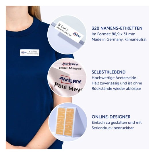 Das Bild zeigt eine Person, die ein navyblaues Hemd trägt, mit einem Namensschild, auf dem 'B. Carlos, Marketing Director' von Avery steht. Außerdem werden Details zu Averys Namensschildern angezeigt, einschließlich Packungsmenge, selbstklebende Qualität und Online-Vorlagen zur Anpassung.
