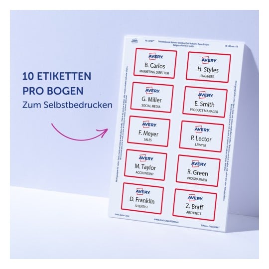 Das Bild zeigt ein Blatt selbstklebender Namensschilder mit Namen und Berufsbezeichnungen, das für den Druck ausgelegt ist. Es enthält zehn Etiketten in einem Rasterformat, beschriftet mit Namen wie B. Carlos, G. Miller und Berufsbezeichnungen wie Marketing Director, Ingenieur und Wissenschaftler.