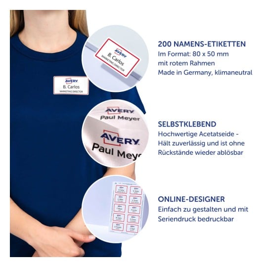 Das Bild zeigt Namensschilder und Etiketten von Avery. Es zeigt eine Person, die ein dunkles Hemd trägt und auf dem verschiedene Namensschilder zu sehen sind, darunter Texte wie '200 Namen-etiketten', 'selbstklebend' und 'online-designer'. Die Namensschilder haben einen roten Rand und erwähnen Namen wie 'B. Carlos' und 'Paul Meyer', was die Merkmale und Designoptionen des Produkts hervorhebt.