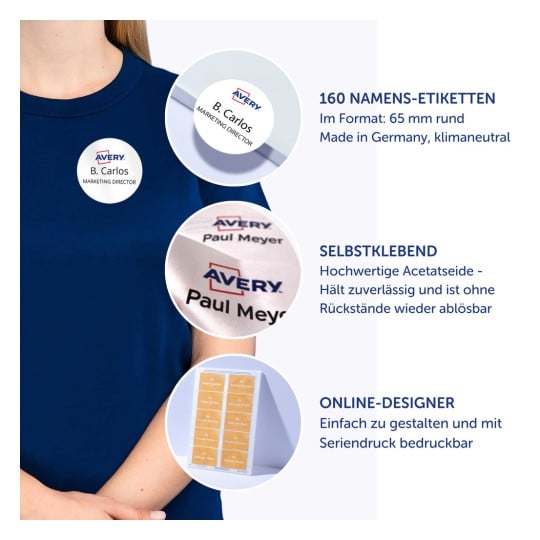 Das Bild zeigt Avery Namensetiketten und hebt Merkmale wie 160 selbstklebende, hochwertige Acetat-Etiketten im runden Format hervor. Es enthält Beispiele für bedruckte Etiketten und erwähnt einen Online-Designer für einfache Anpassungen.