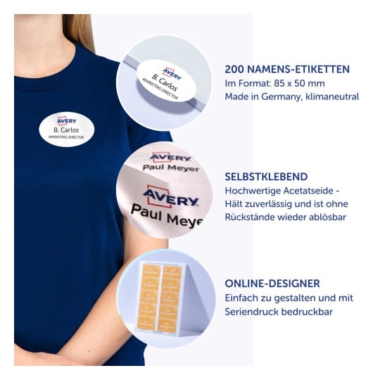 Das Bild zeigt Namensschilder mit dem Branding von Avery. Es präsentiert zwei verschiedene Namensetiketten mit Namen und Titeln und hebt Details wie Menge, Klebequalität und Designoptionen hervor.