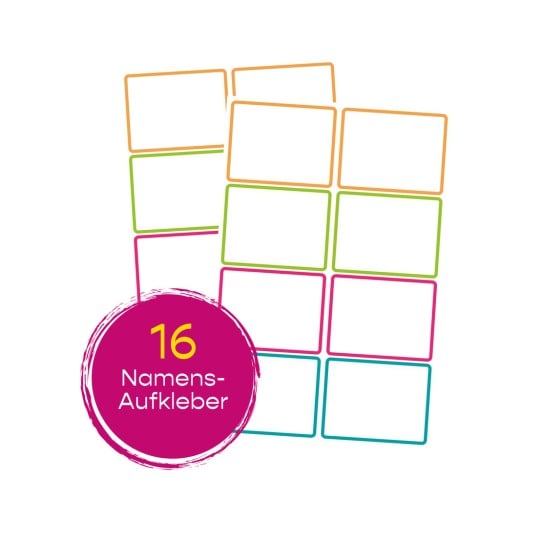 Das Bild zeigt insgesamt 16 Namens-Aufkleber in verschiedenen Farben, die in einem Rastermuster angeordnet sind. Die Aufkleber sind in unterschiedlichen Farben umrandet, und es gibt ein rundes Etikett, auf dem in fetter Schrift '16 Namens-Aufkleber' steht.
