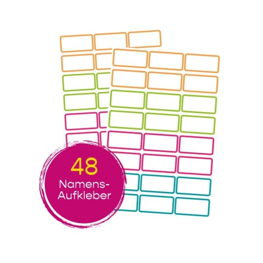 Das Bild zeigt Bögen mit bunten Namensaufklebern, insgesamt 48 Etiketten in verschiedenen Farben wie Orange, Grün, Pink und Blau. Das Design ist einfach und ideal zum Beschriften von Gegenständen.