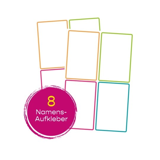 Das Bild zeigt ein Design mit acht leeren Namensaufklebern, die in verschiedenen Farben umrandet sind. Die zentrale Blase hebt die Zahl 8 und die Wörter 'Namens-Aufkleber' in einer verspielten Schriftart hervor.