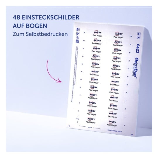 Das Bild zeigt ein Blatt mit 48 druckbaren Namensschildern von Avery, beschriftet mit 'Paul Meyer'. Die Schilder sind rasterförmig angeordnet und enthalten Produktdetails.