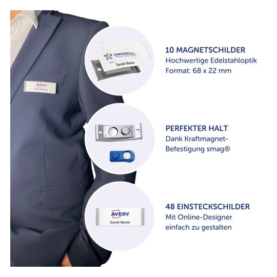 Das Bild zeigt ein professionelles Namensschild-Set, entworfen von Avery. Es zeigt eine Person im Anzug, die verschiedene Namensschilder trägt, darunter auch magnetische Optionen. Text-Highlights beinhalten Details zu den Produkteigenschaften wie „10 magnetische Schildhalter“ und „48 Einsteckschilder“, die Anpassungsoptionen und Qualität anzeigen.