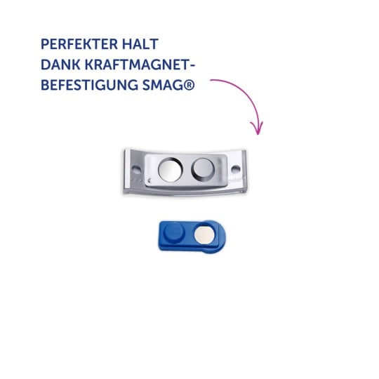 Das Bild zeigt eine Metall- und Kunststoffkomponente, vermutlich Teil eines Befestigungssystems mit einem Text, der ihre Wirksamkeit aufgrund einer magnetischen Befestigungsmethode hervorhebt.