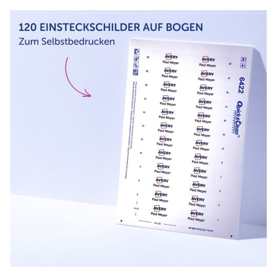 Das Bild zeigt ein Blatt mit bedruckbaren Etiketten von Avery, mit 120 Etikettenbereichen und dem Namen "Paul Meyer" auf mehreren Etiketten. Es enthält auch Symbole für Benutzeranweisungen und die Produktnummer 6422.