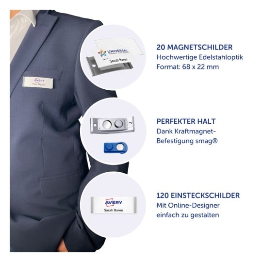 Ein Bild, das verschiedene Namensschildoptionen von Avery zeigt, einschließlich magnetischer Schilder, ein Modell mit einem Schild und Details zu Produkteigenschaften.