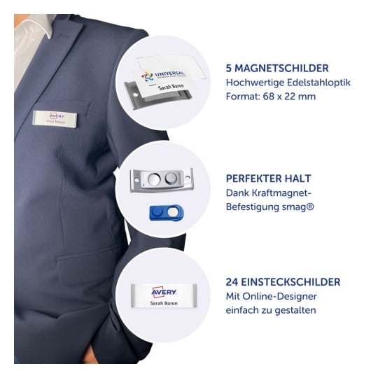 Das Bild zeigt verschiedene Namensschilder und Magnethalter von Avery. Es zeigt eine Person im Anzug mit einem Namensschild, daneben runde Bilder, die verschiedene Produkte detaillieren: 5 magnetische Namensschilder, perfekter Halt mit smag® Magnethalterung, und 24 Namensschild-Einsätze, die einfach online gestaltet werden können.