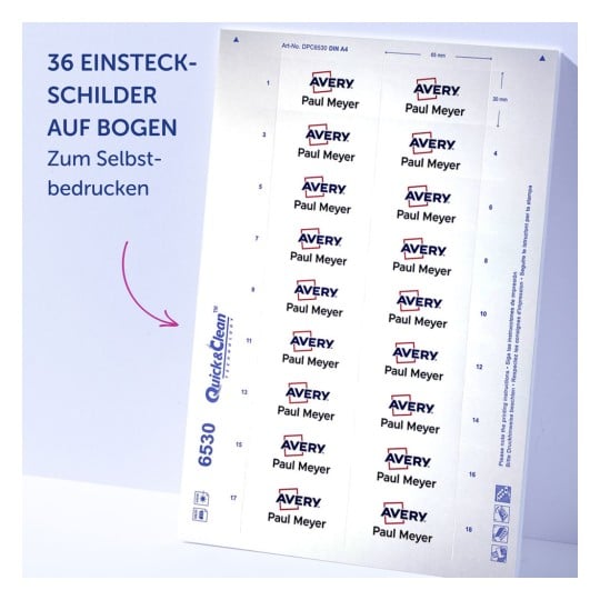 Das Bild zeigt ein Blatt mit 32 bedruckbaren Etiketten, auf denen der Name 'Paul Meyer' und das Avery-Logo abgebildet sind, entworfen für die Verwendung mit einem Drucker.