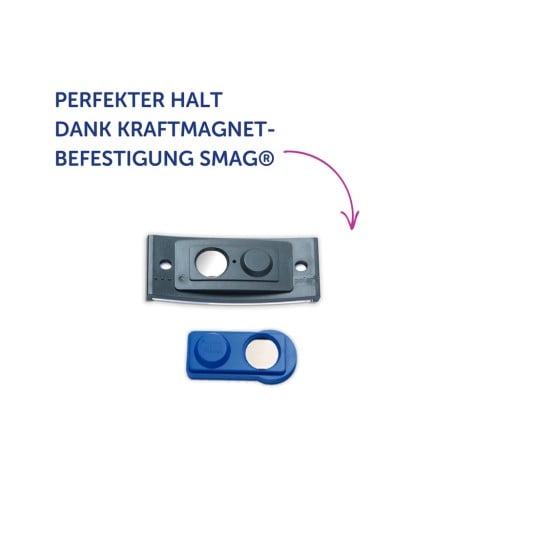 Das Bild zeigt zwei Befestigungen, eine größere graue und eine kleinere blaue, die wahrscheinlich mit einem magnetischen Befestigungssystem in Verbindung stehen, mit Text, der ihre Stabilität aufgrund der SMAG®-Technologie betont.