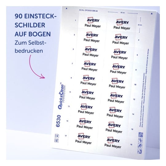 Das Bild zeigt ein Blatt mit Etiketten zum Drucken, mit dem Namen 'Paul Meyer' und dem Avery-Logo, insgesamt 90 Etiketten, die in einem Raster angeordnet sind.