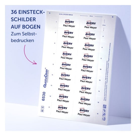Das Bild zeigt ein Blatt mit Aufklebeetiketten, auf denen das Logo 'Avery' und der Name 'Paul Meyer' gedruckt sind. Das Blatt enthält 32 Etiketten, die in einem Raster angeordnet sind und ist für den Selbstdruck konzipiert. Es enthält Maße und Anweisungen zur Verwendung.